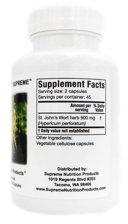 Authentic USA imported Supreme Nutrition St Johns Wort Supreme 90 vegetarian capsules for emotional wellness packaging