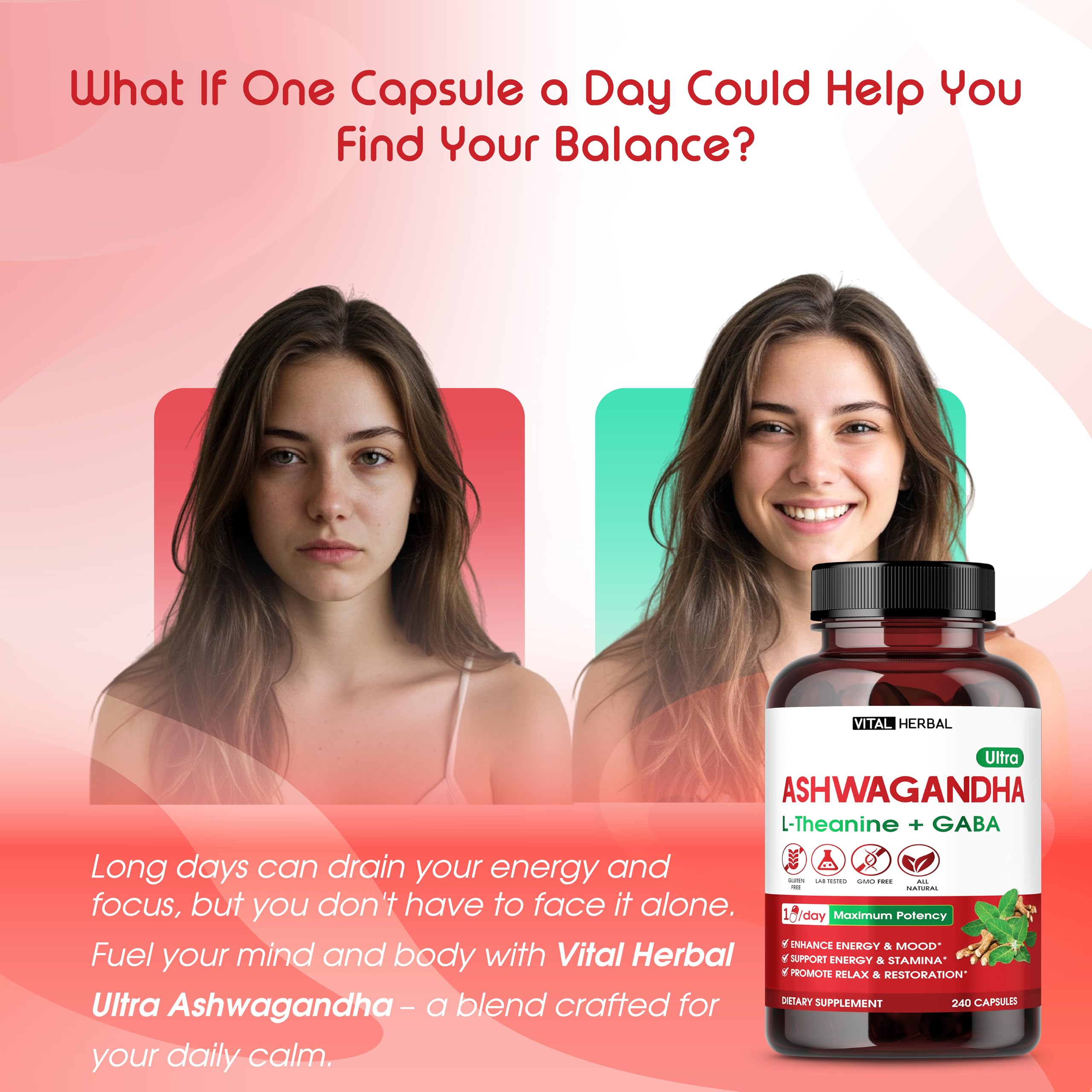 Vital Herbal maximum potency adaptogen supplement showing ingredient breakdown list