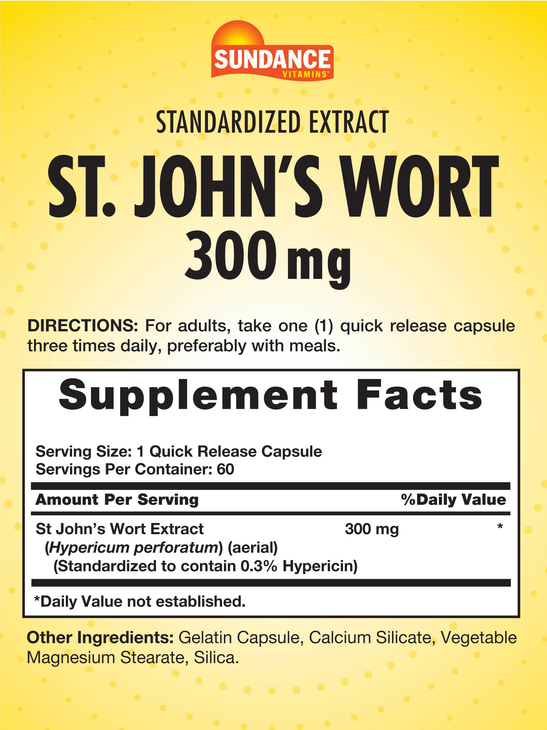 Sundance St Johns Wort 60 capsules nutritional facts and standardized extract label