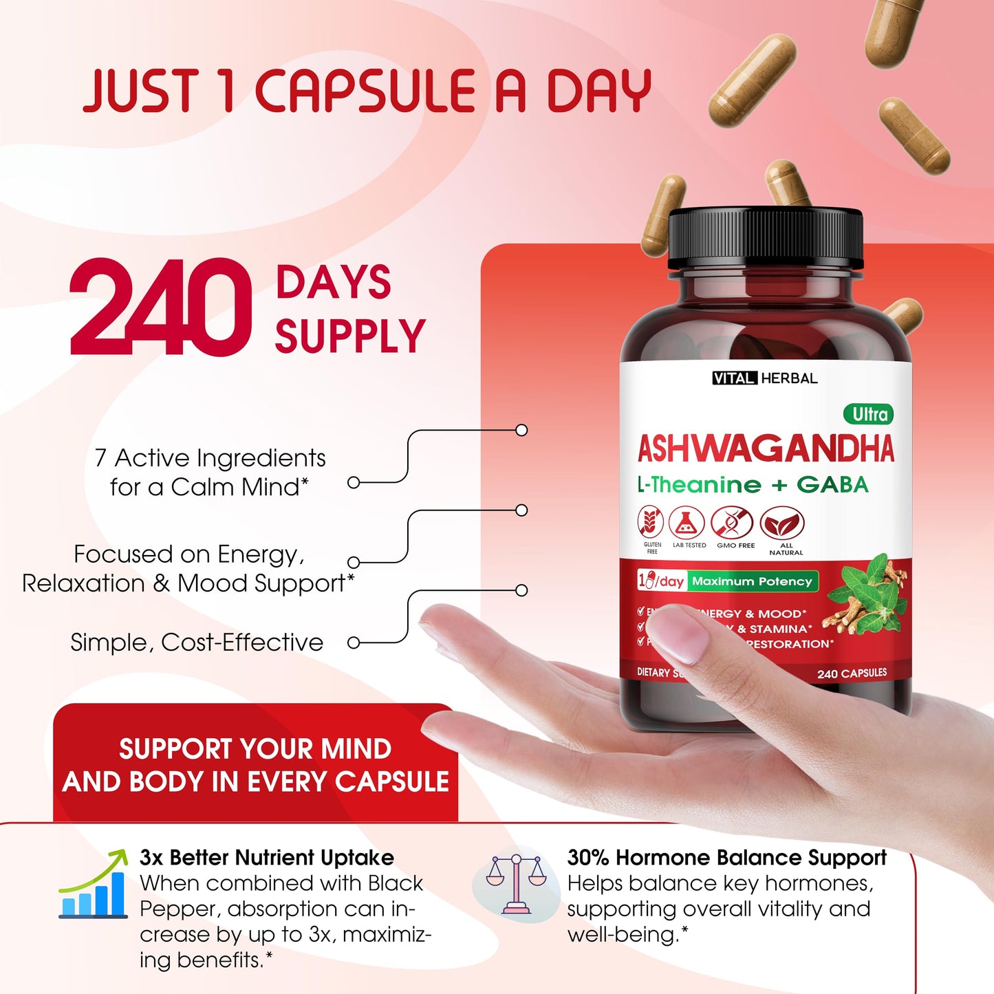 Close up of Vital Herbal stress relief supplement capsules against white background