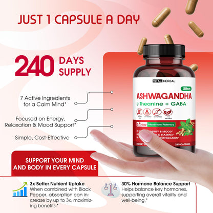 Close up of Vital Herbal stress relief supplement capsules against white background
