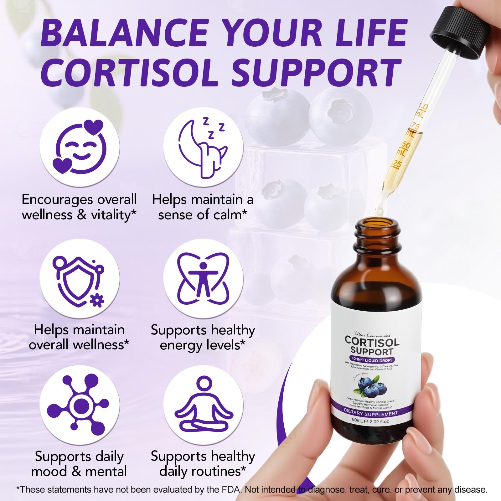 WELOSUER blueberry flavor cortisol drops ingredients label showcasing ashwagandha