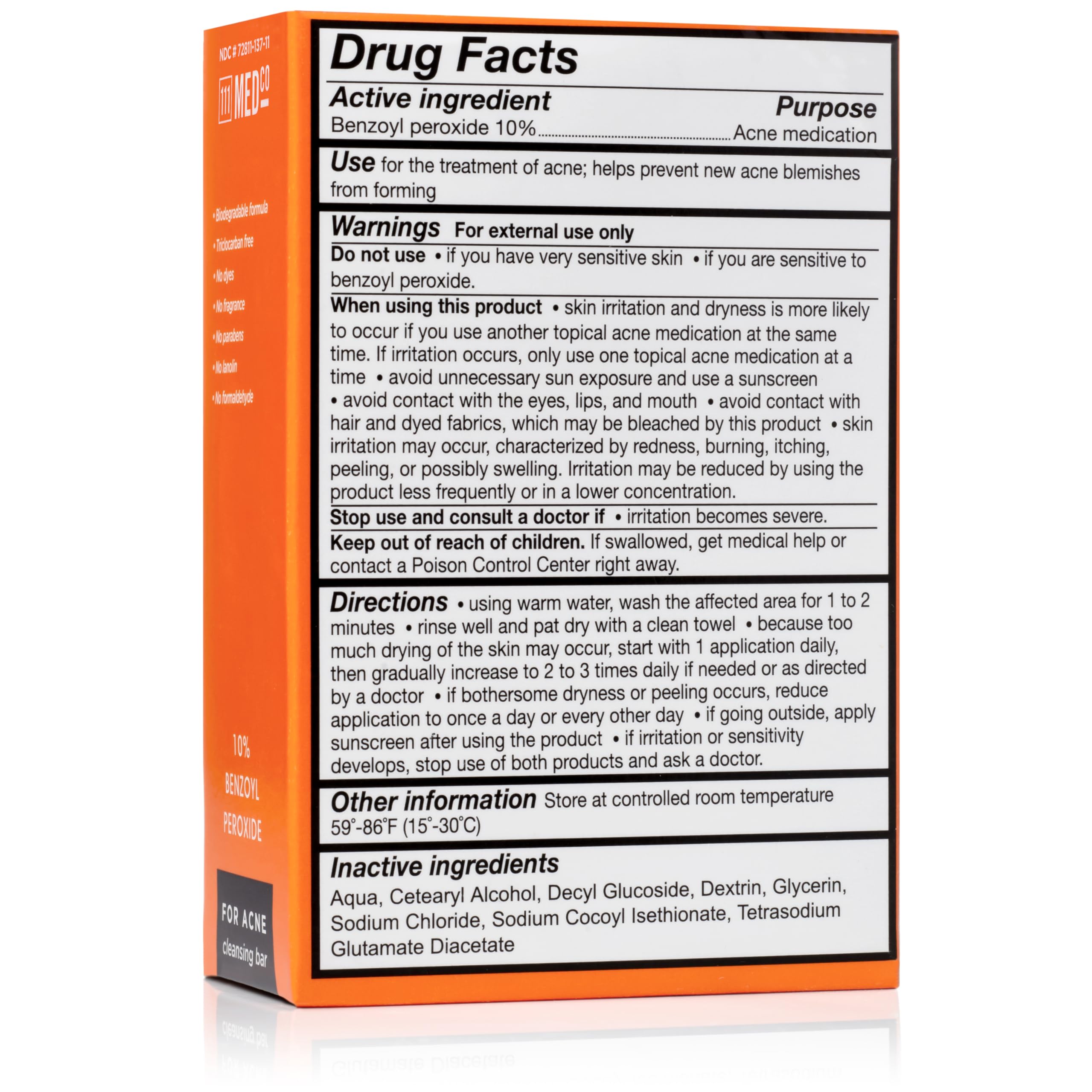 111MedCo 10 percent benzoyl peroxide acne soap bar packaging showing active ingredients and warnings