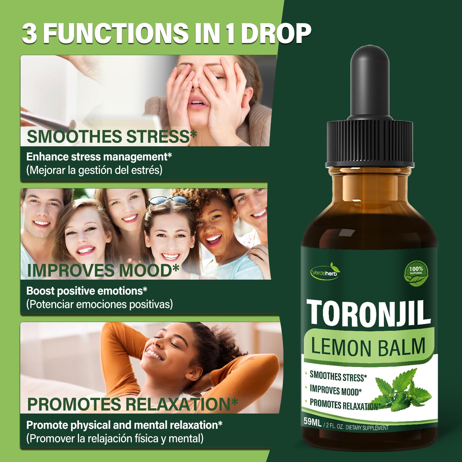 Verdeherb Lemon Balm liquid drops bottle showing the dropper applicator for precise dosing.
