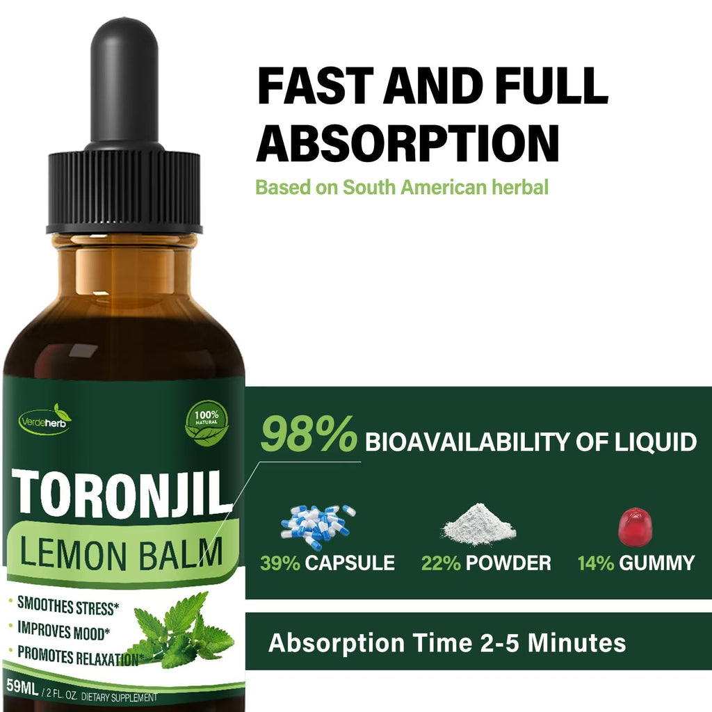 Side profile of Verdeherb Toronjil Support extract displaying vegan and alcohol free labels.