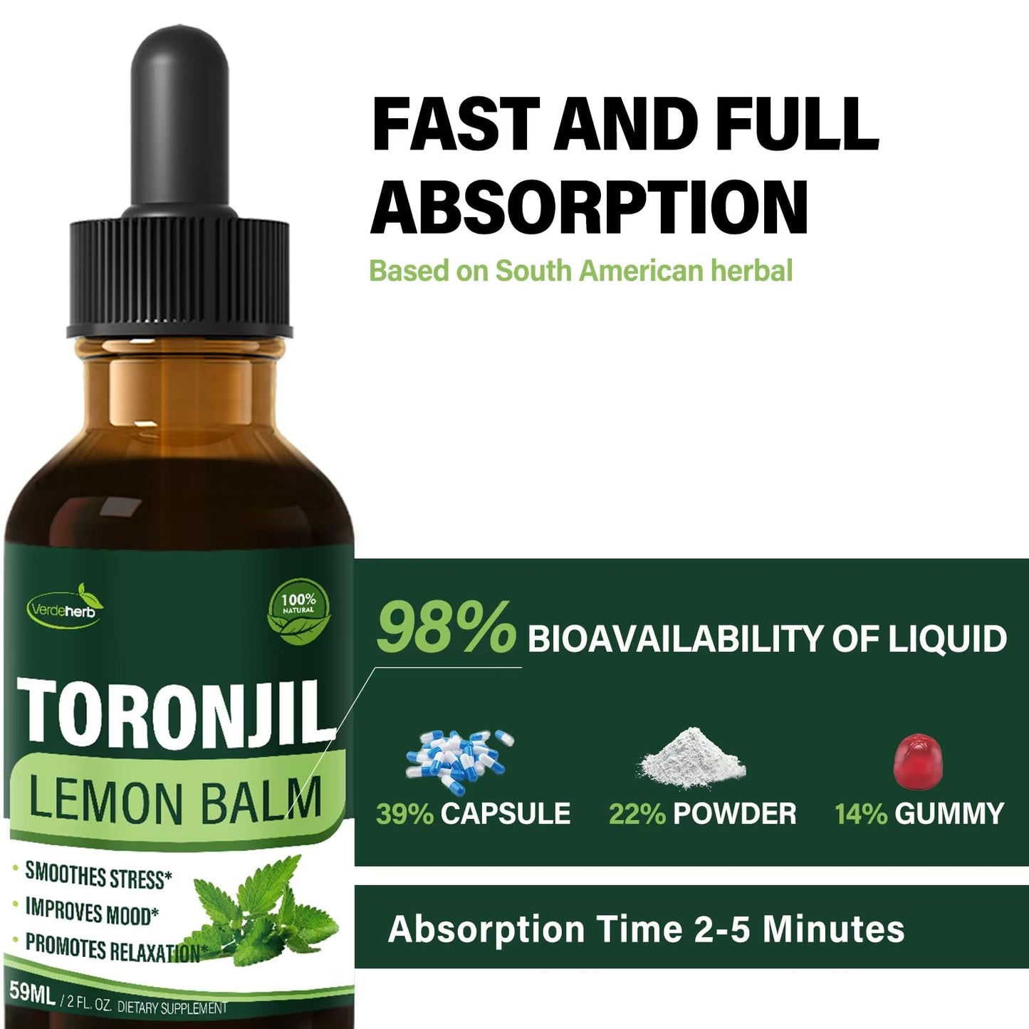 Side profile of Verdeherb Toronjil Support extract displaying vegan and alcohol free labels.