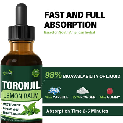 Side profile of Verdeherb Toronjil Support extract displaying vegan and alcohol free labels.