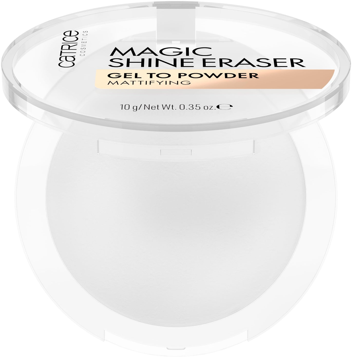 Catrice Magic Shine Eraser pore blurring face powder compact open with smooth gel texture visible.