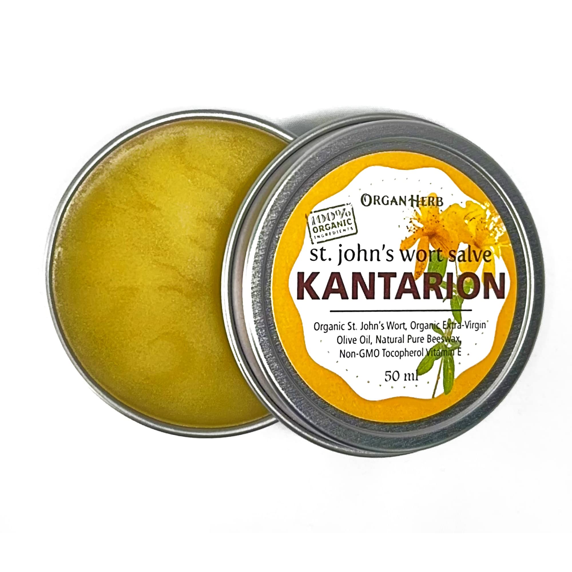 OrganHerb Kantarion skin balm showing organic ingredients for minor burns and dry skin relief