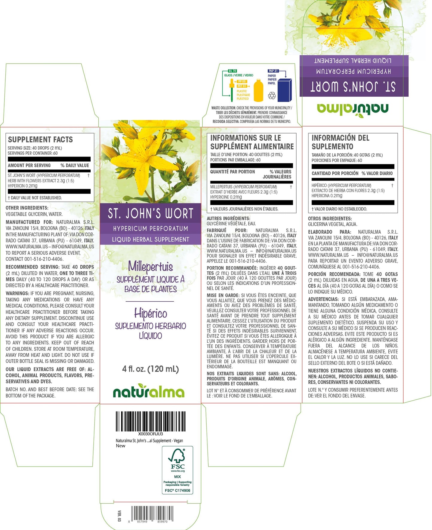 Naturalma St Johns Wort liquid herbal supplement extract dropper bottle on clean background