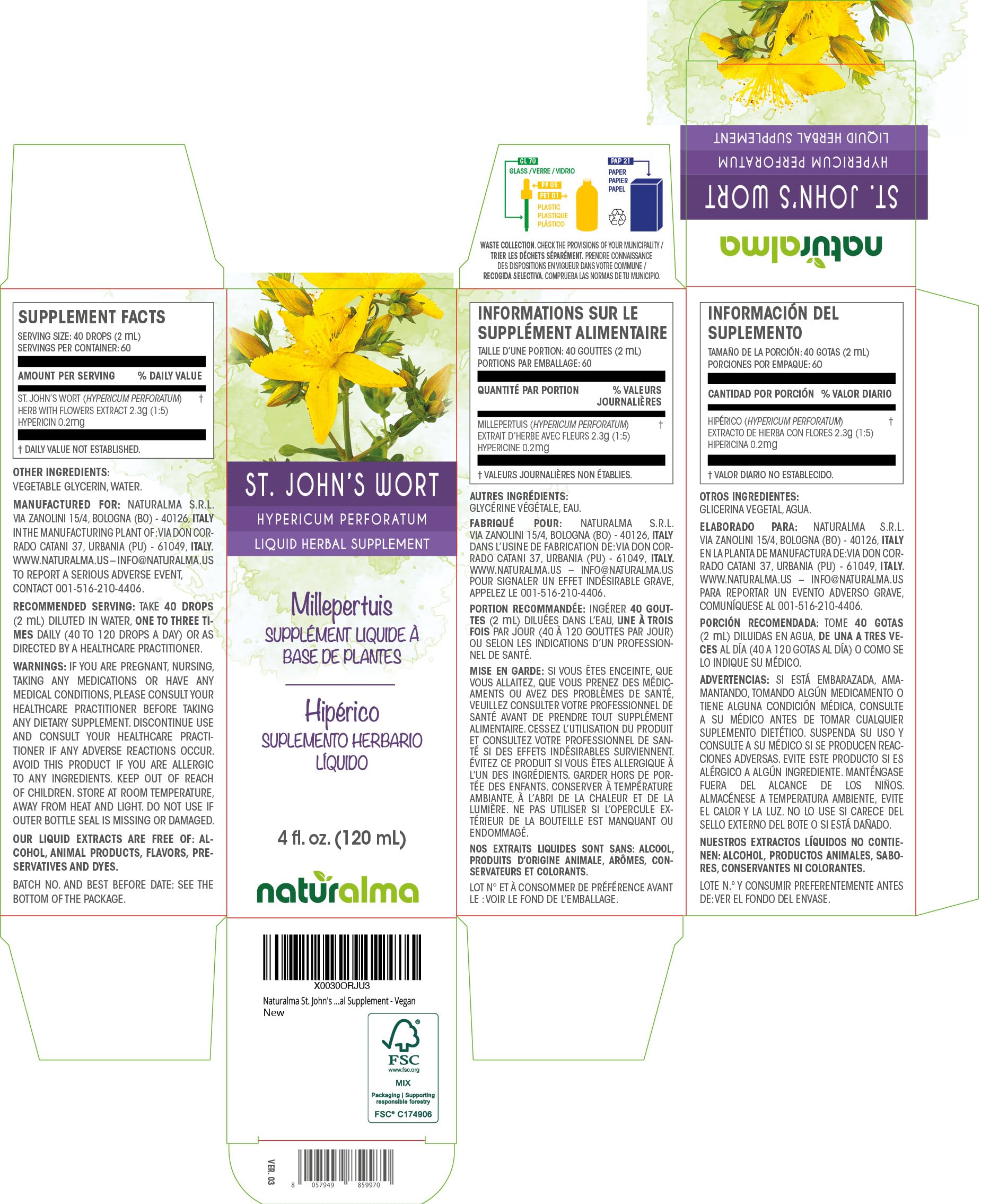 Naturalma St Johns Wort liquid herbal supplement extract dropper bottle on clean background