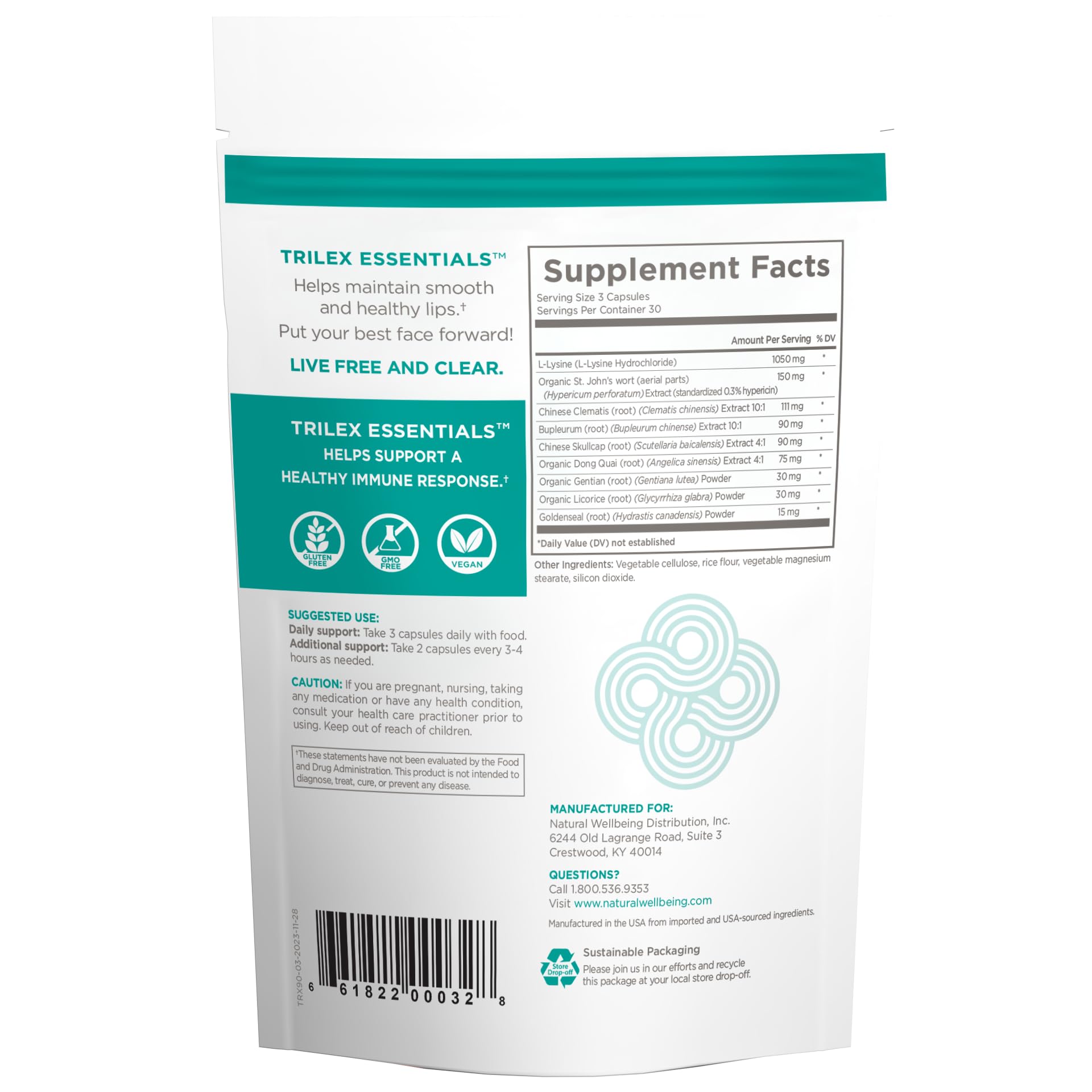 Natural Wellbeing Trilex Essentials supplement bottle showing the nutritional facts and herbal ingredients list.