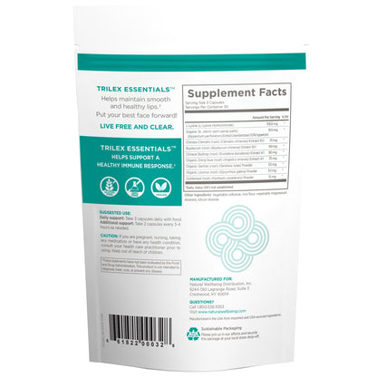 Natural Wellbeing Trilex Essentials supplement bottle showing the nutritional facts and herbal ingredients list.