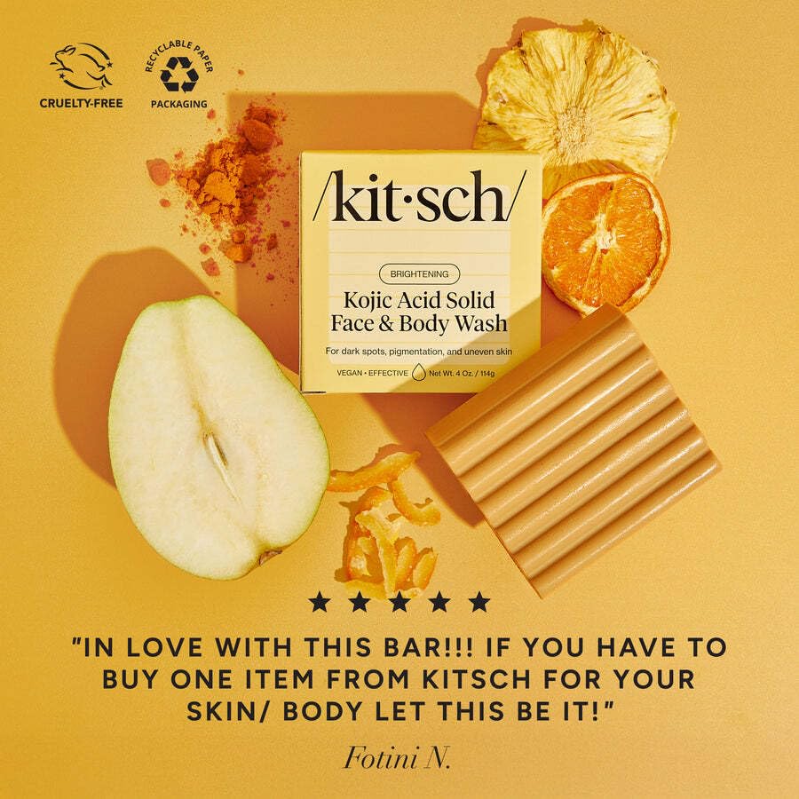 Kitsch Kojic Acid and Turmeric Bar next to moisturizing shea butter ingredients