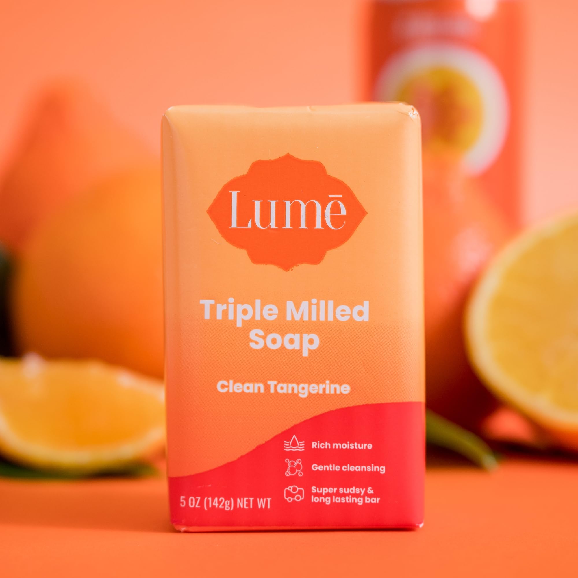 Lume five ounce citrus scented triple milled soap angle shot