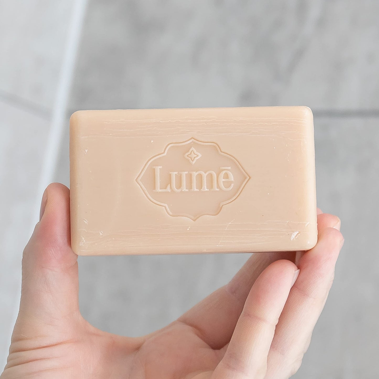 Authentic imported Lume Clean Tangerine soap bar back panel