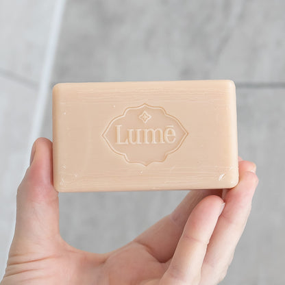 Authentic imported Lume Clean Tangerine soap bar back panel