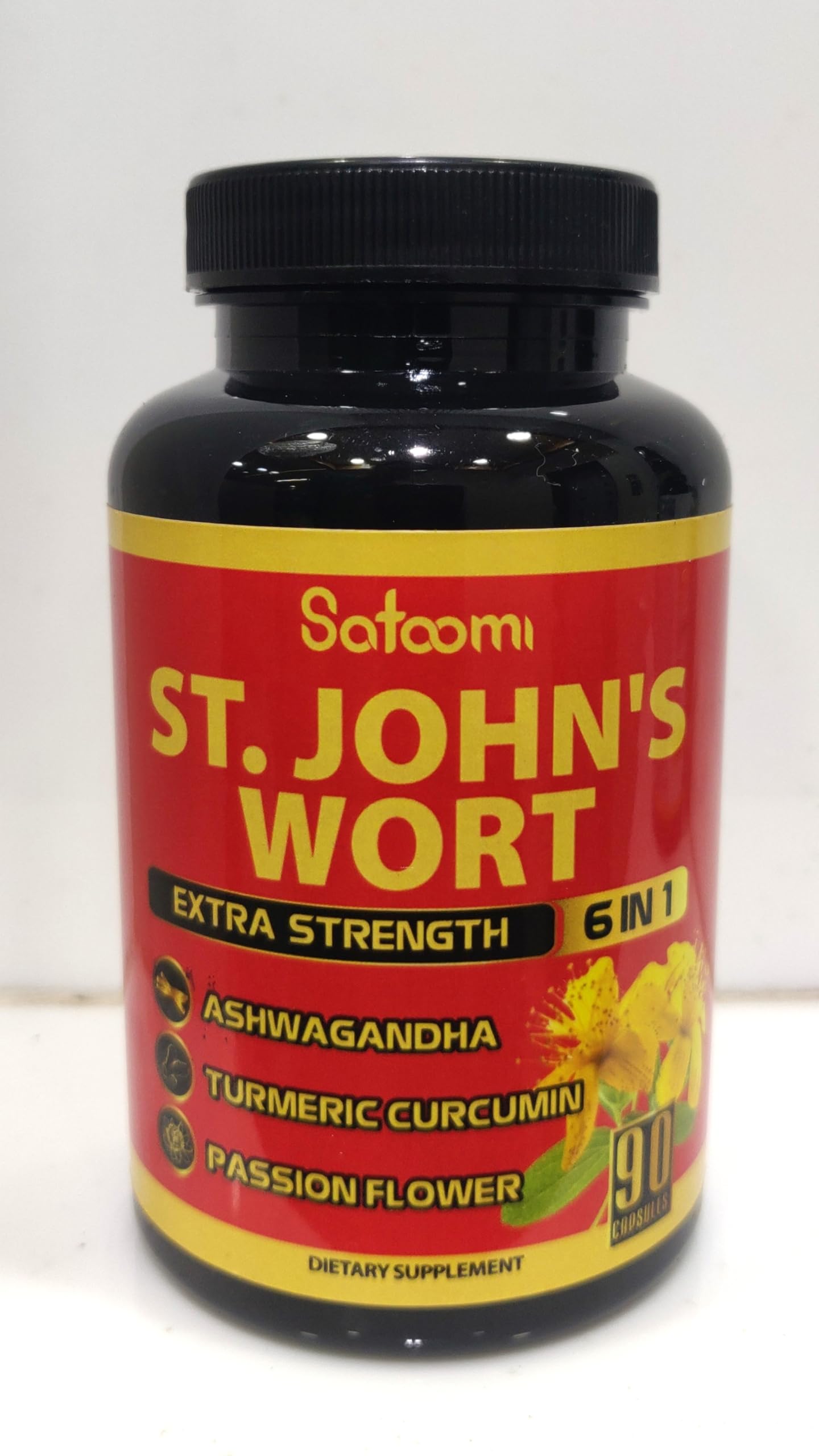Satoomi St Johns Wort herbal extract supplement side label displaying six in one ingredient blend