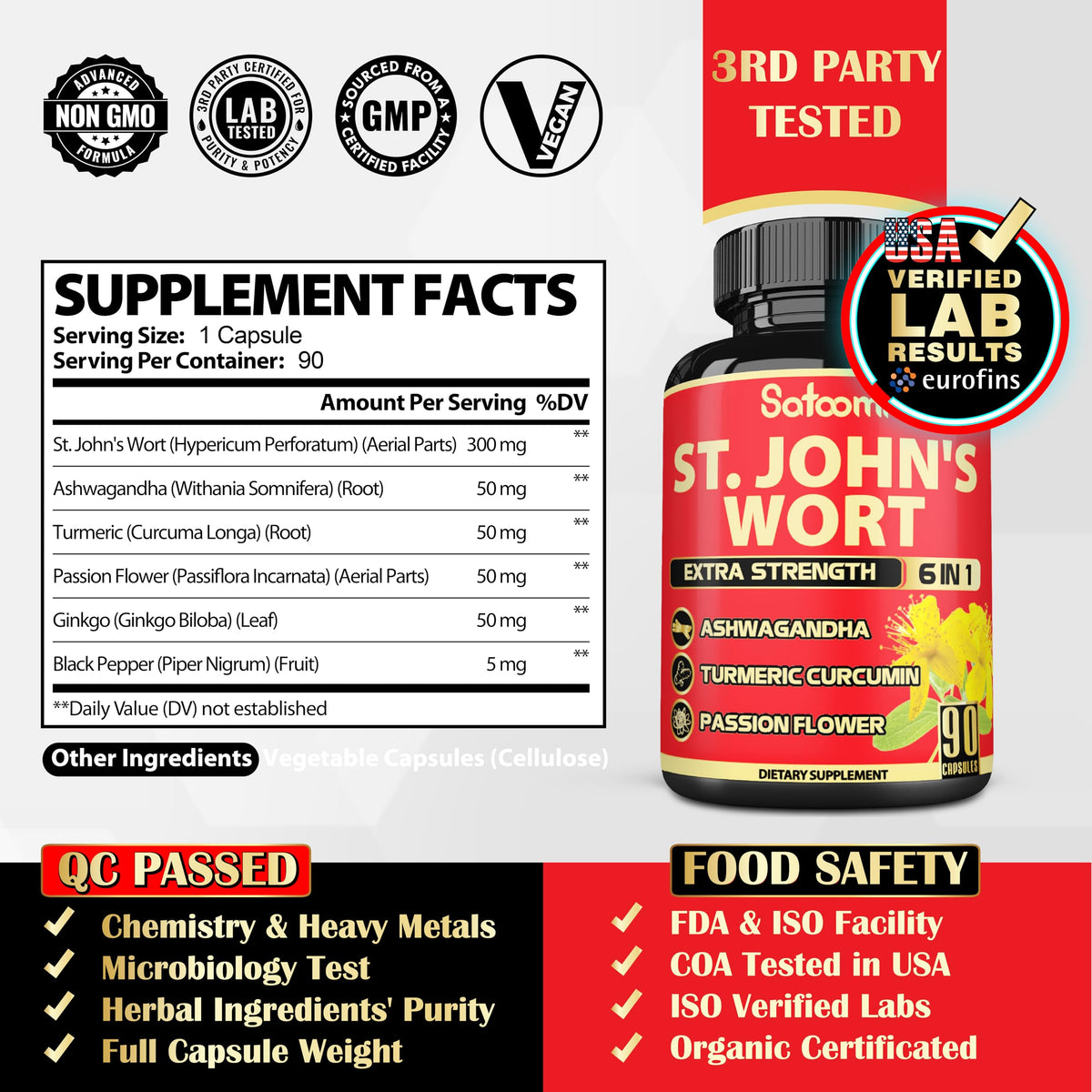 Satoomi plant based herbal extract package featuring premium vegetarian and non GMO certifications