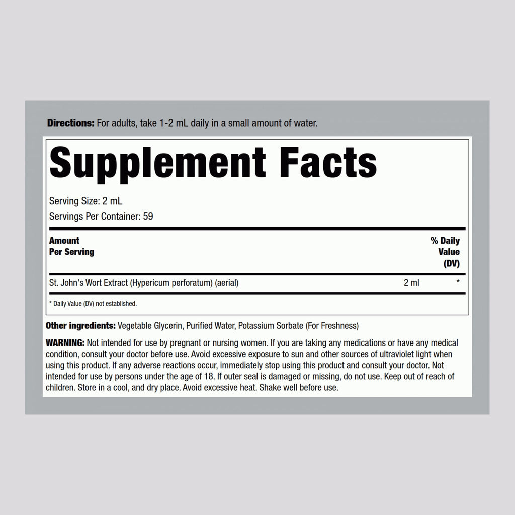 Piping Rock St Johns Wort Alcohol Free Supplement bottle displaying nutritional information and ingredients label.