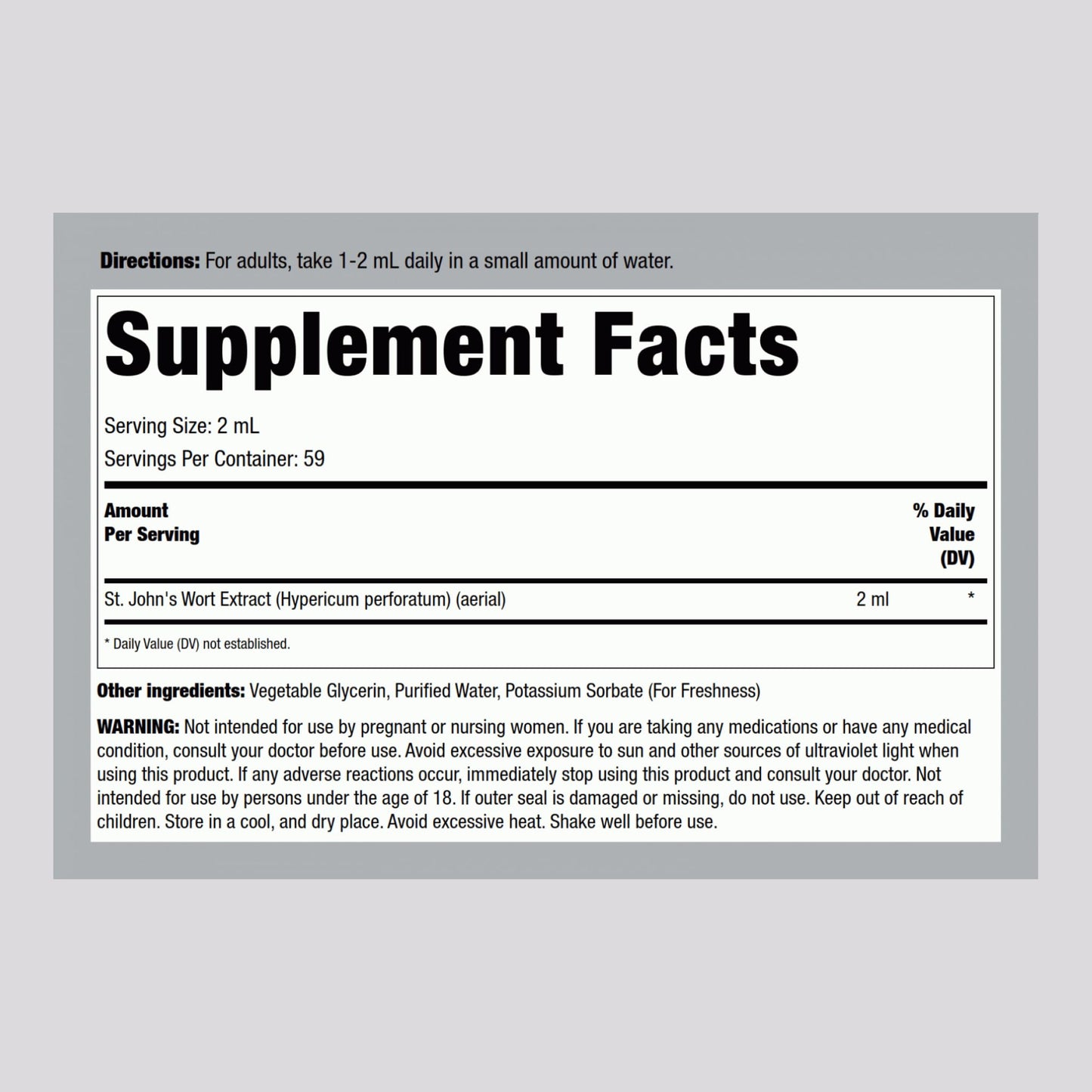 Piping Rock St Johns Wort Alcohol Free Supplement bottle displaying nutritional information and ingredients label.