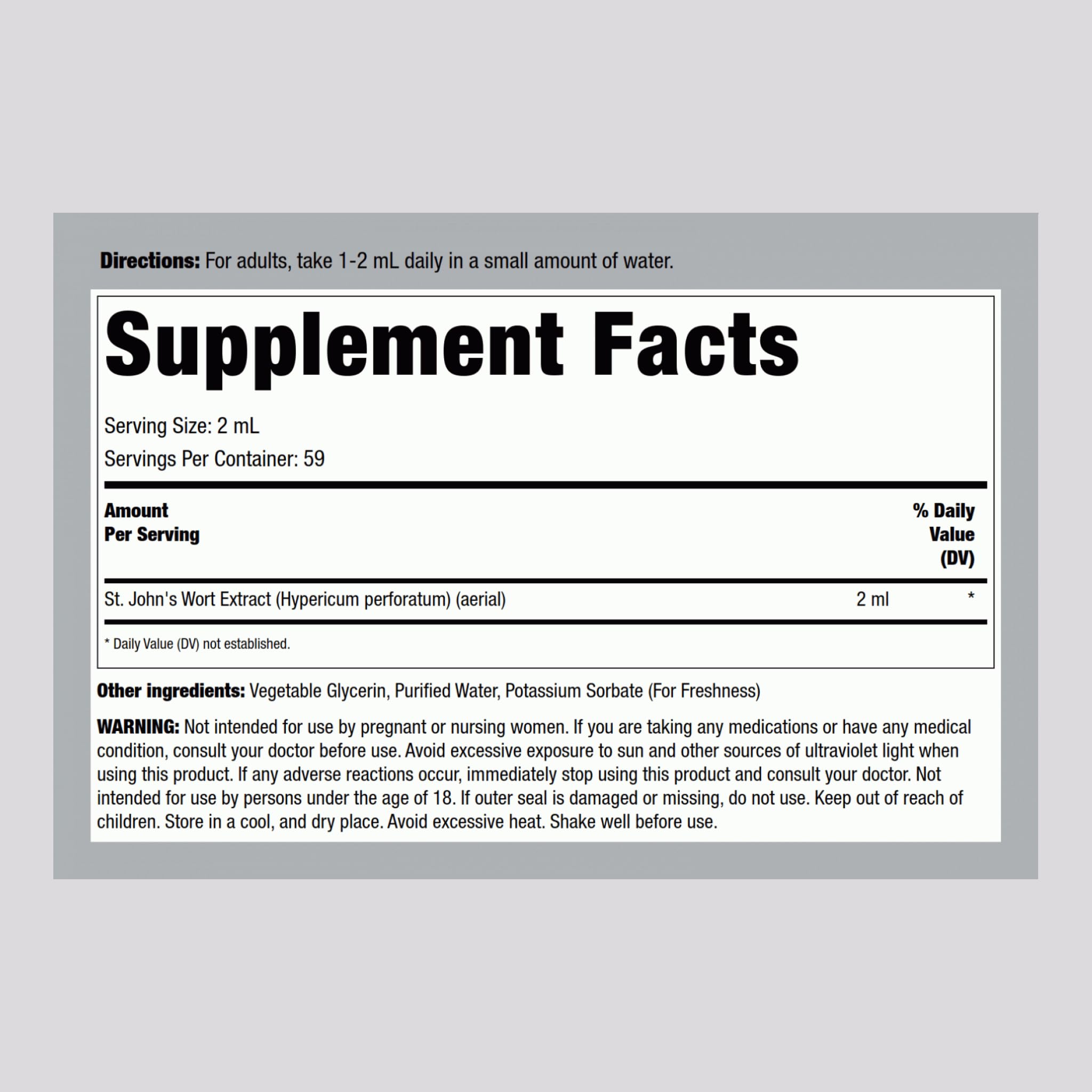 Piping Rock St Johns Wort Alcohol Free Supplement bottle displaying nutritional information and ingredients label.
