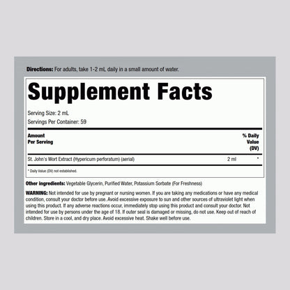 Piping Rock St Johns Wort Alcohol Free Supplement bottle displaying nutritional information and ingredients label.