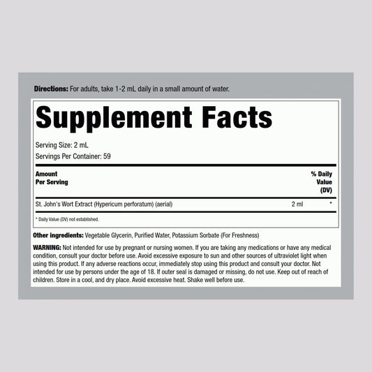 Piping Rock St Johns Wort Alcohol Free Supplement bottle displaying nutritional information and ingredients label.