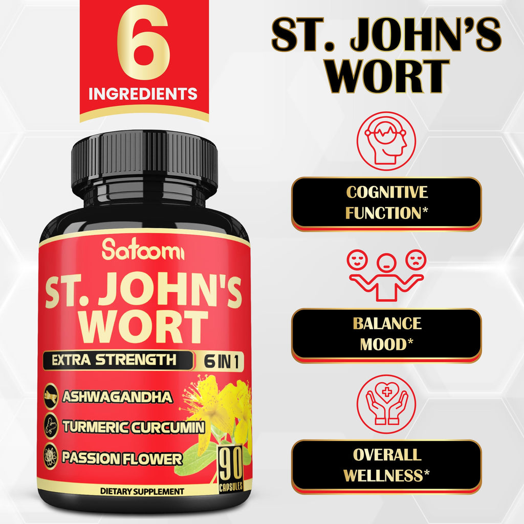 Satoomi St Johns Wort daily emotional wellness supplement capsules placed next to the container