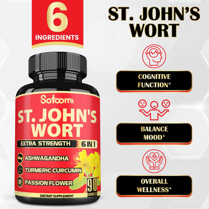 Satoomi St Johns Wort daily emotional wellness supplement capsules placed next to the container