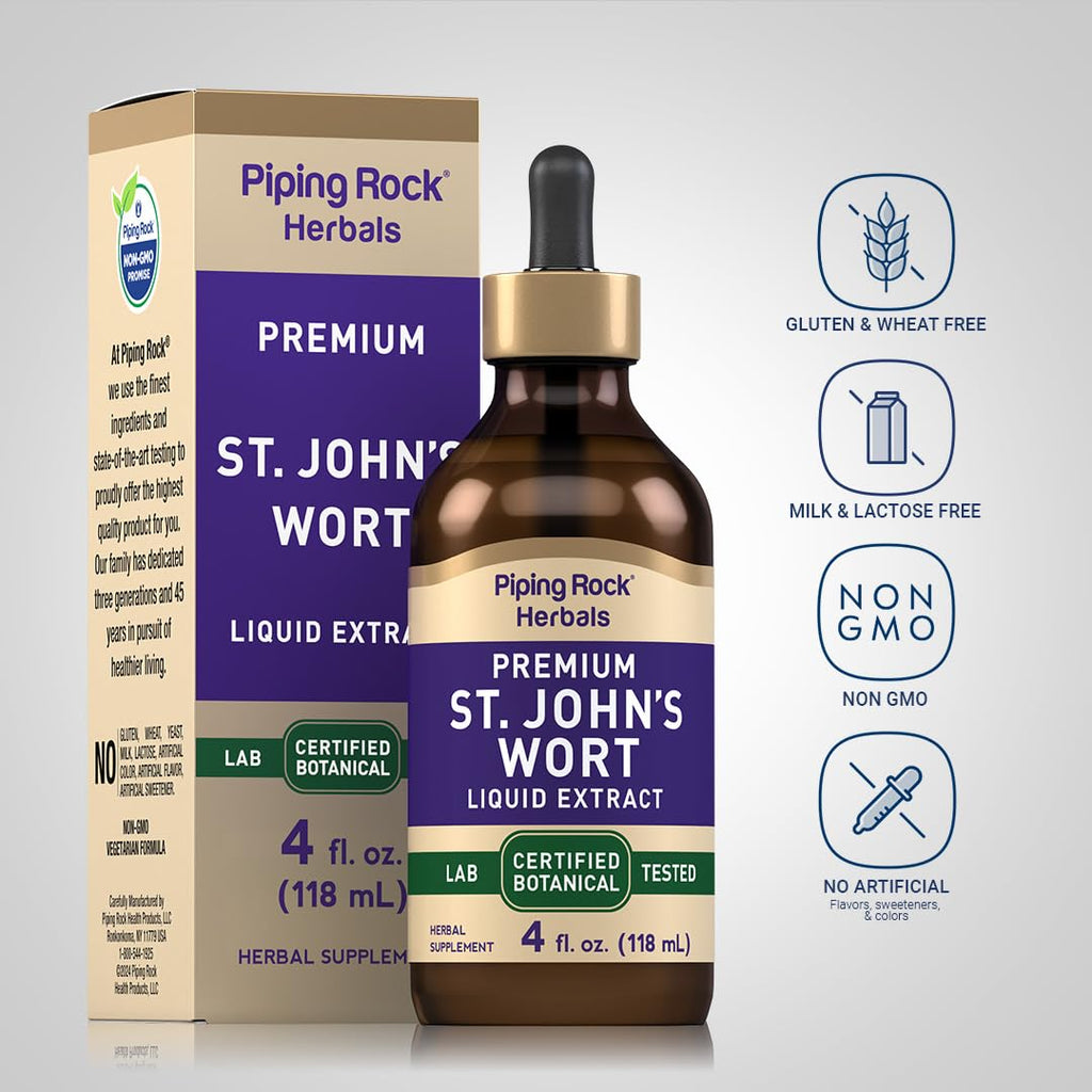 Piping Rock St Johns Wort Herbal Tincture bottle placed on a clean white background.
