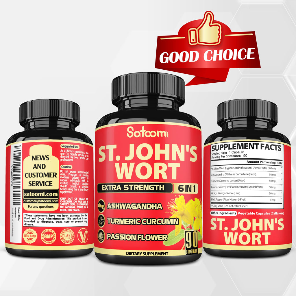 Satoomi ashwagandha and turmeric infused St Johns Wort capsules close up detail shot