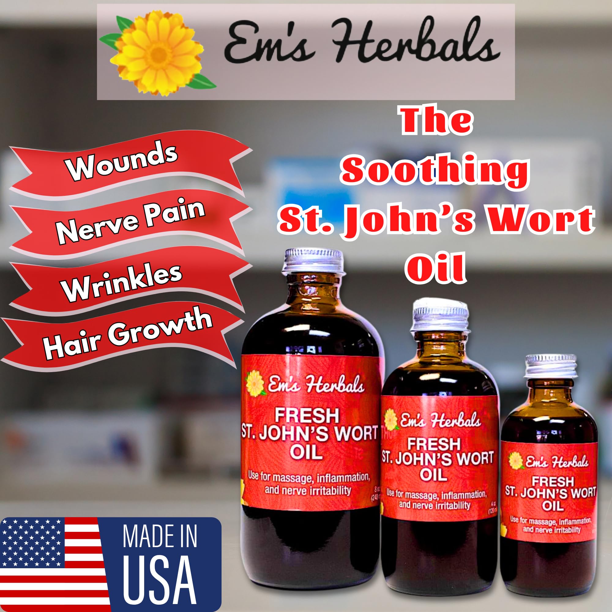 Em's Herbals St. Johns Wort herbal oil bottle showing the distinctive natural red color tint