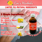 Em's Herbals St. Johns Wort Oil bottle next to fresh botanical elements highlighting wild harvesting
