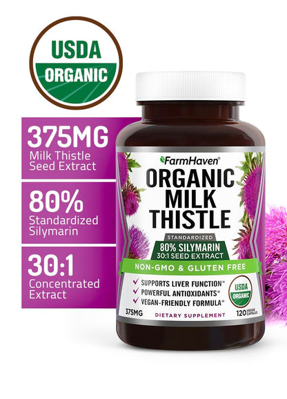 Organic milk thistle standardized 80 percent silymarin vegan capsules displayed on clean background.