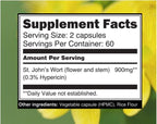 Side view of Blossom Nature St Johns Wort 120 vegetable capsules displaying standardized hypericin supplement facts.