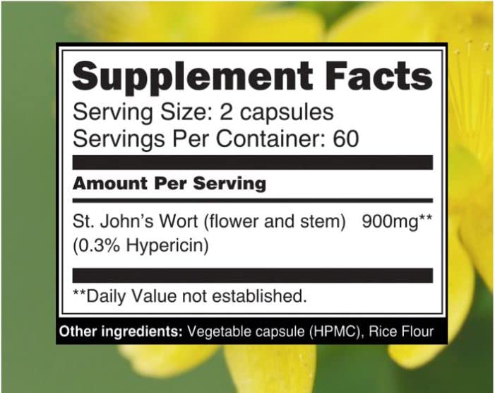Side view of Blossom Nature St Johns Wort 120 vegetable capsules displaying standardized hypericin supplement facts.