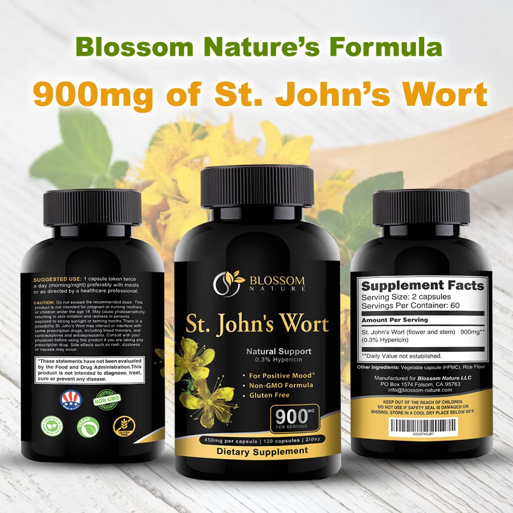 Close-up of authentic USA imported Blossom Nature mood support supplement packaging highlighting non-GMO and gluten-free labels.