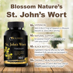 Blossom Nature St Johns Wort capsules bottle displaying ingredient details including vegetable capsule and rice flour components.