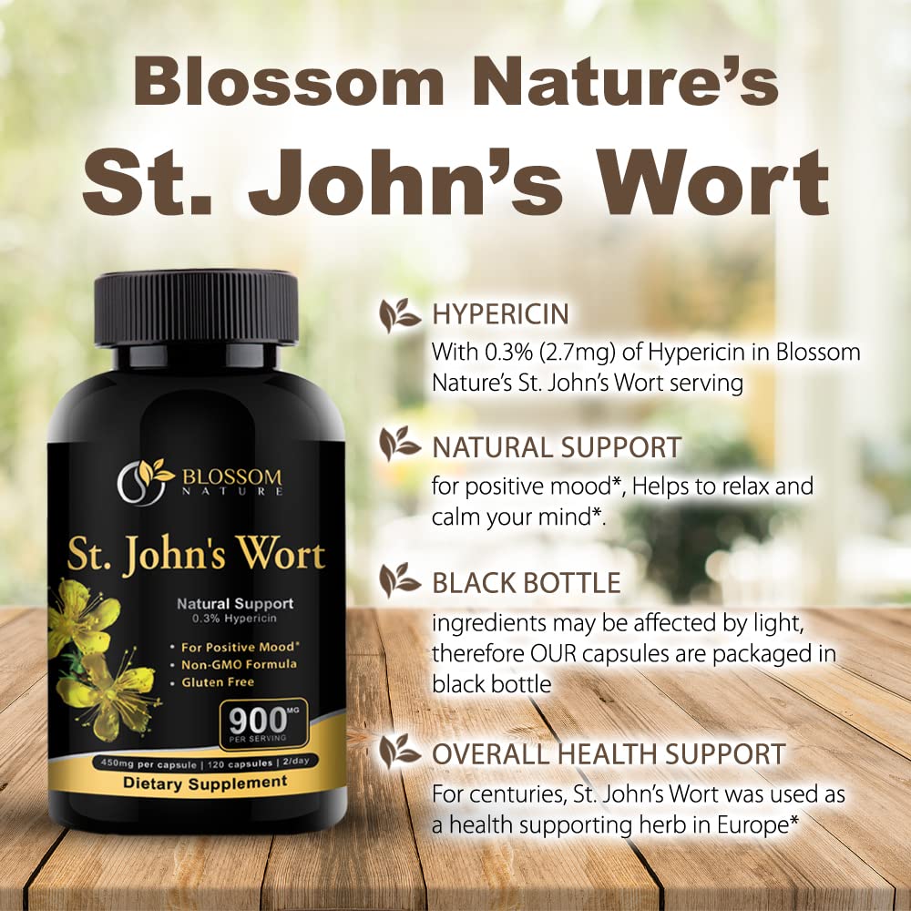 Blossom Nature St Johns Wort capsules bottle displaying ingredient details including vegetable capsule and rice flour components.