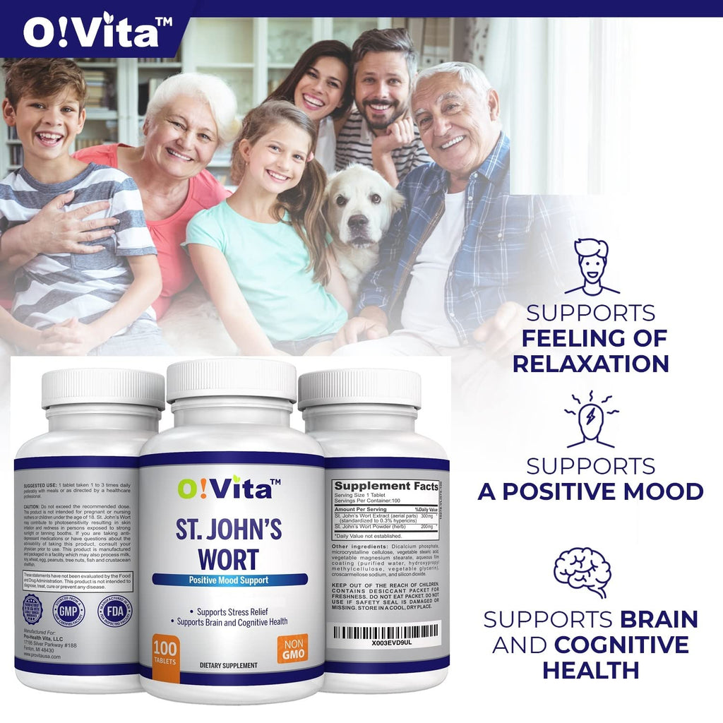 O!VITA St. John's Wort herbal formulation supplement supplement facts label showing standardized hypericin ingredients.