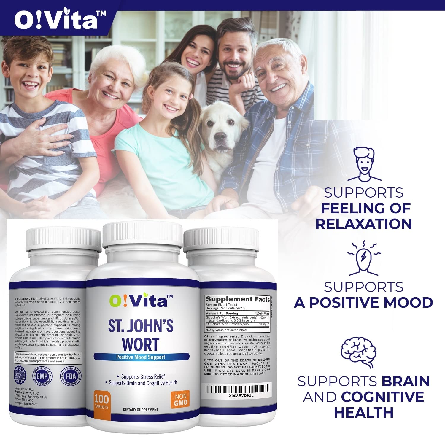 O!VITA St. John's Wort herbal formulation supplement supplement facts label showing standardized hypericin ingredients.