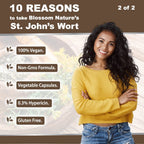 Back label of Blossom Nature St Johns Wort showing dietary supplement usage instructions and drug interaction safety warnings.