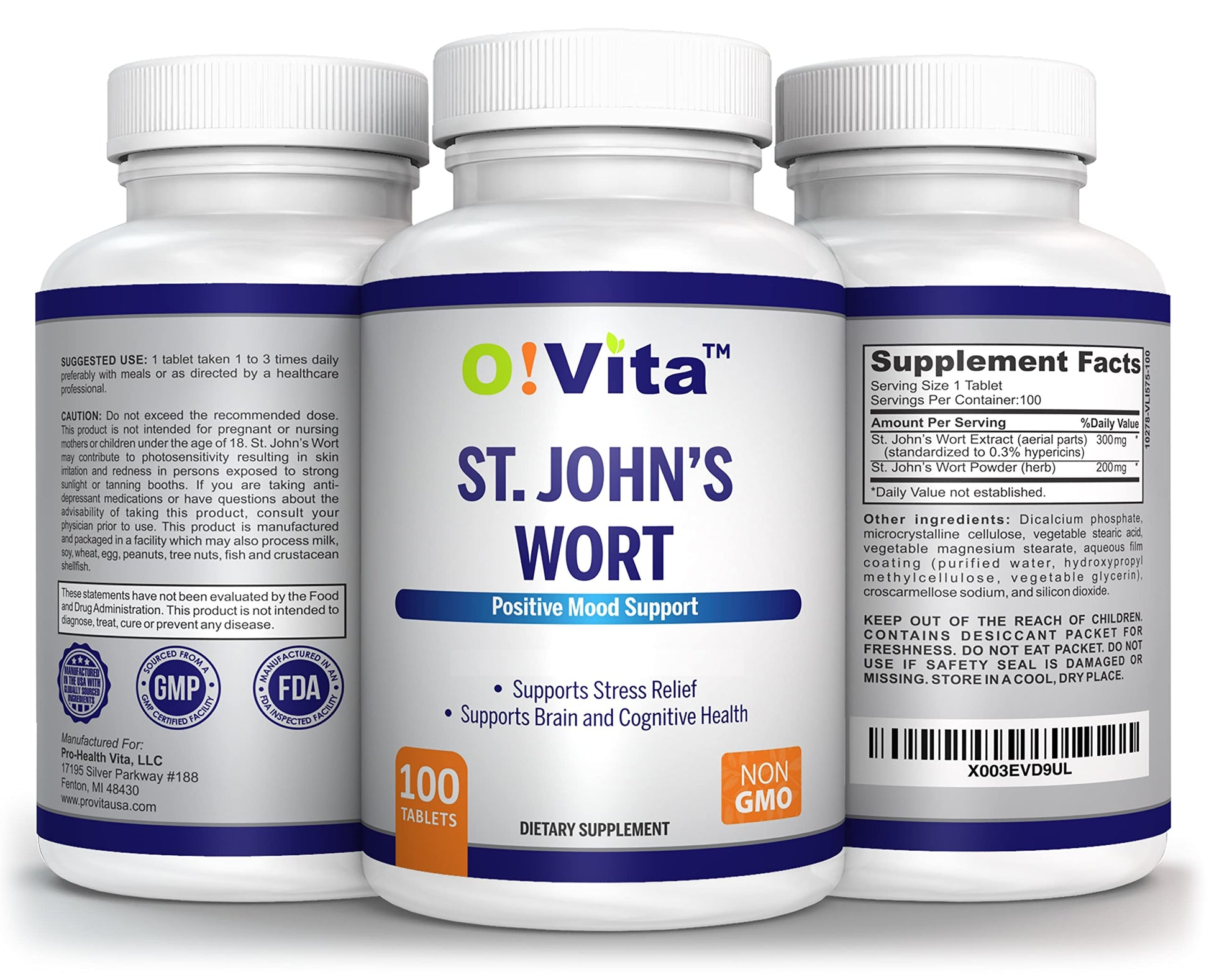 O!VITA St. John's Wort 500mg bottle showcased on a clean background highlighting its premium USA import status.