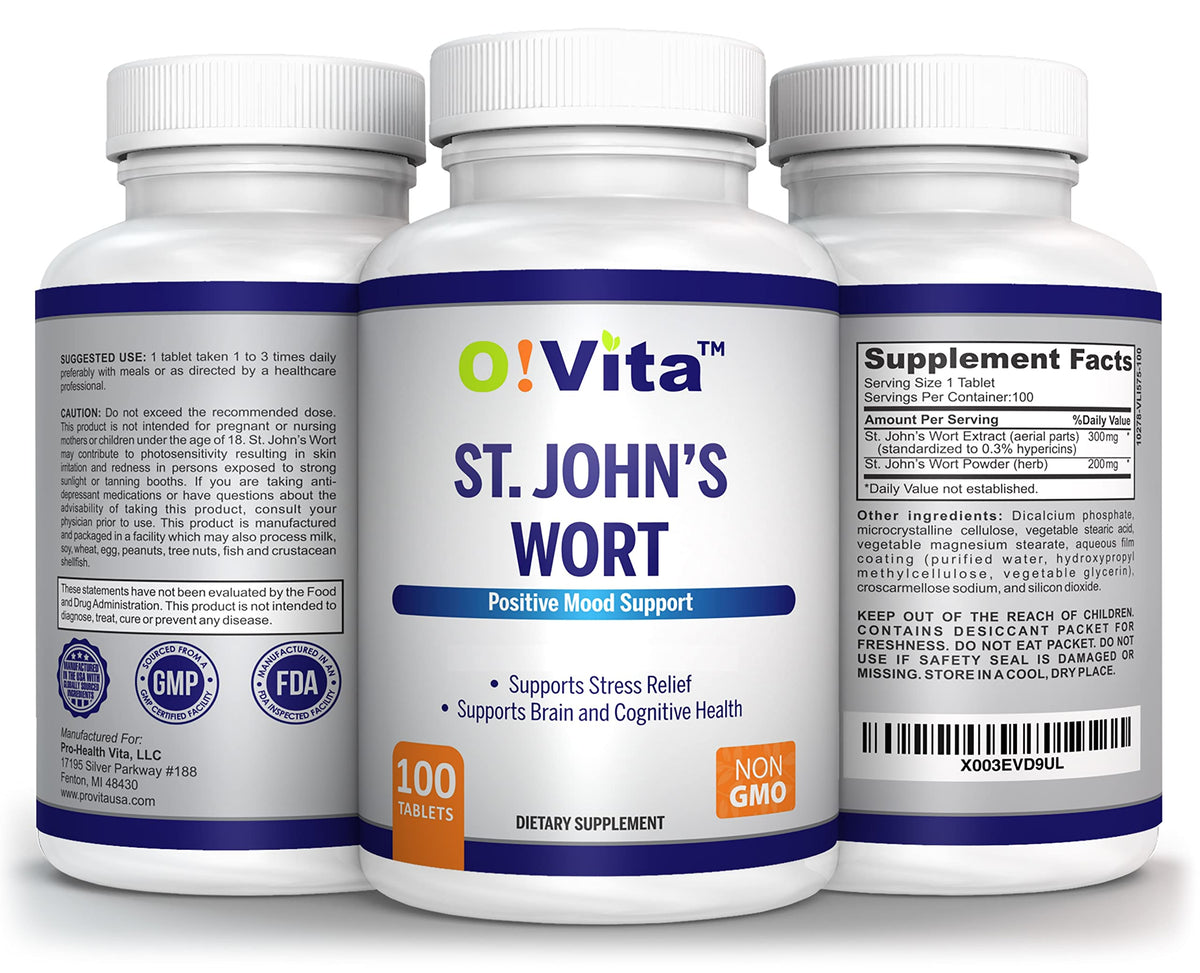 O!VITA St. John's Wort 500mg bottle showcased on a clean background highlighting its premium USA import status.
