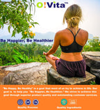 Visual breakdown of the vegan and non-GMO certification badges on the O!VITA dietary supplement packaging.