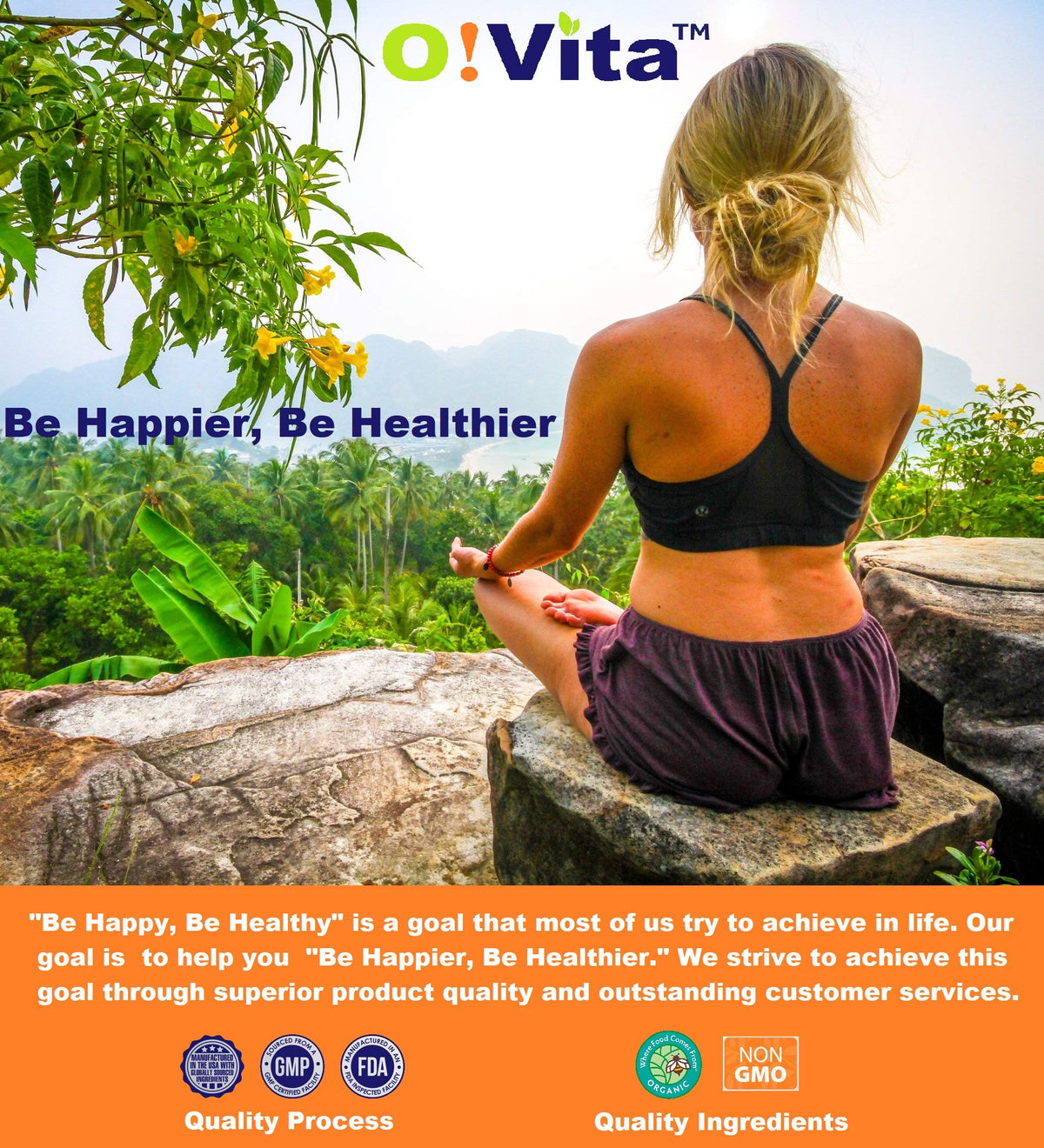 Visual breakdown of the vegan and non-GMO certification badges on the O!VITA dietary supplement packaging.