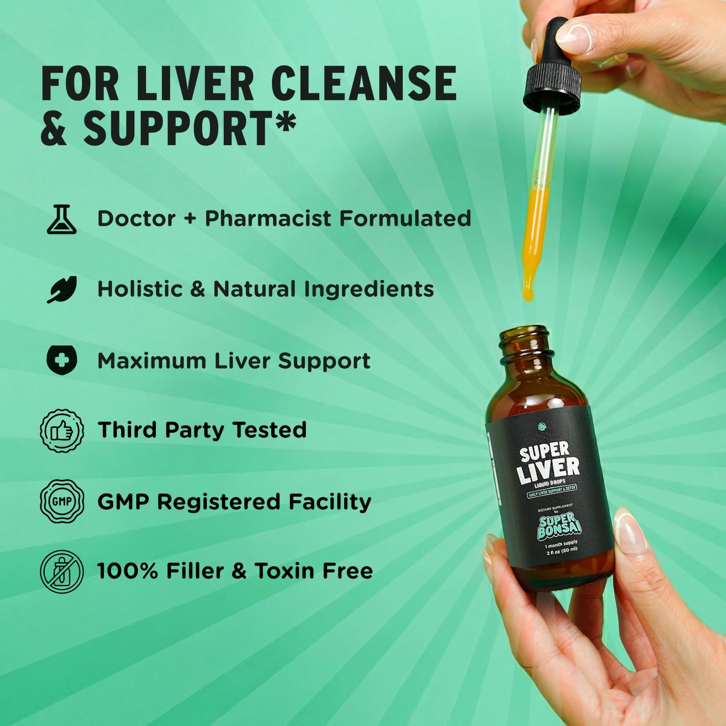 Close-up of SuperBonsai Milk Thistle liquid dropper showcasing the fast-absorbing herbal supplement formula.