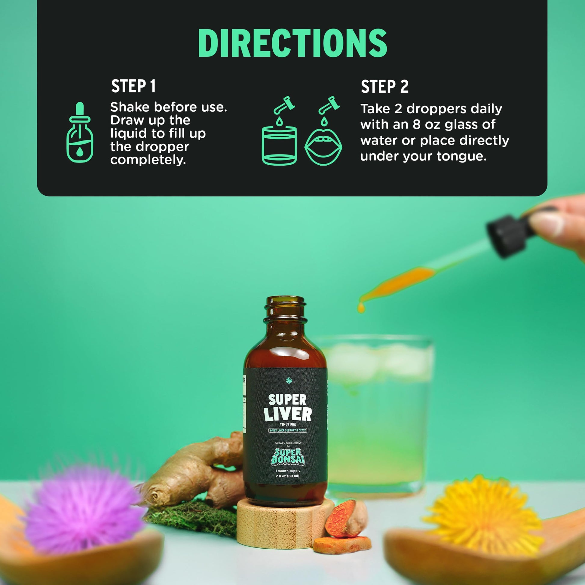 Back label of SuperBonsai Super Liver Support detailing the vegan non-GMO ingredients and dietary information.