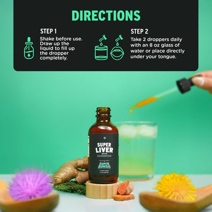 Back label of SuperBonsai Super Liver Support detailing the vegan non-GMO ingredients and dietary information.